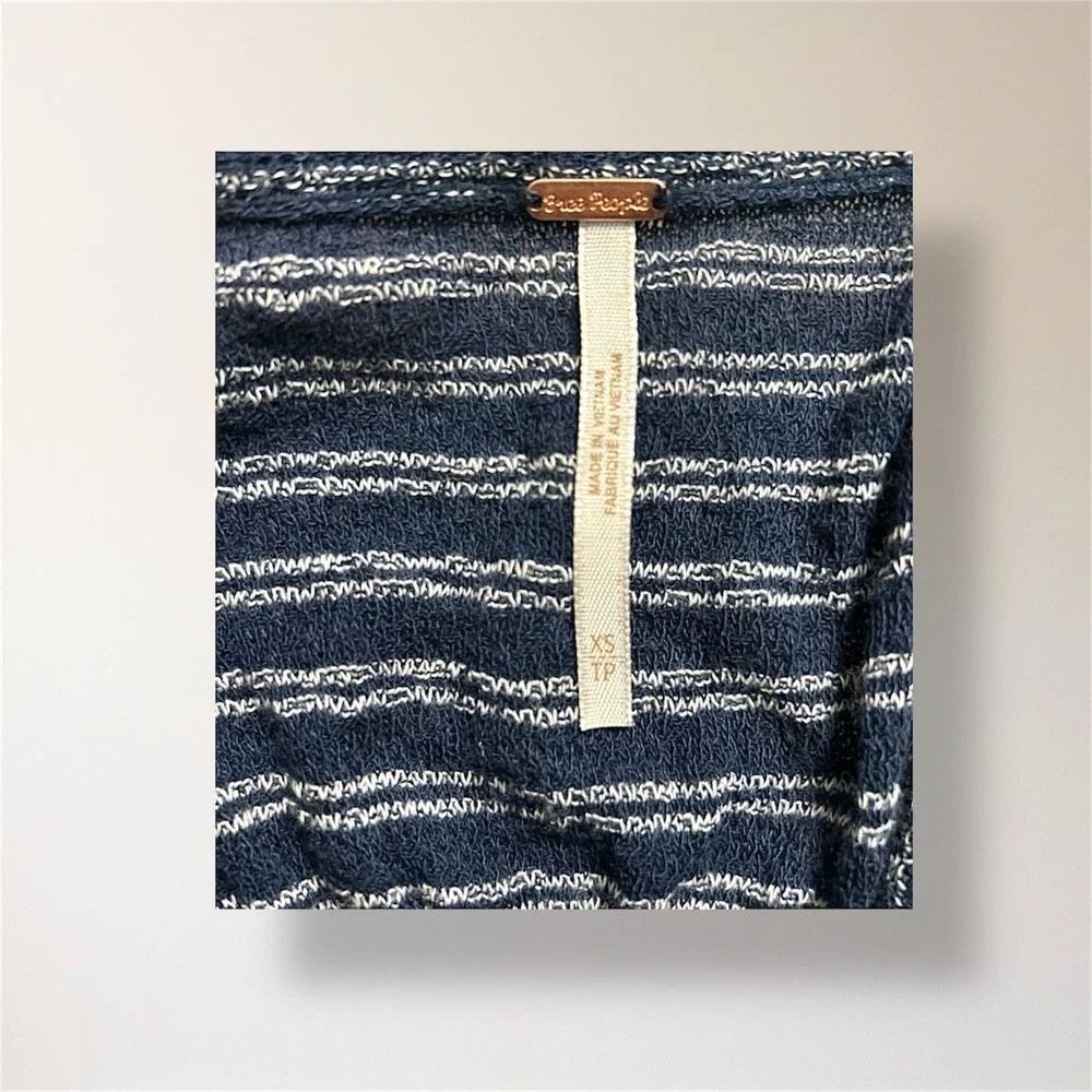 Free People XS Blue Striped Embroidered Faux Wrap Tank Boho Floral Top Festival‎